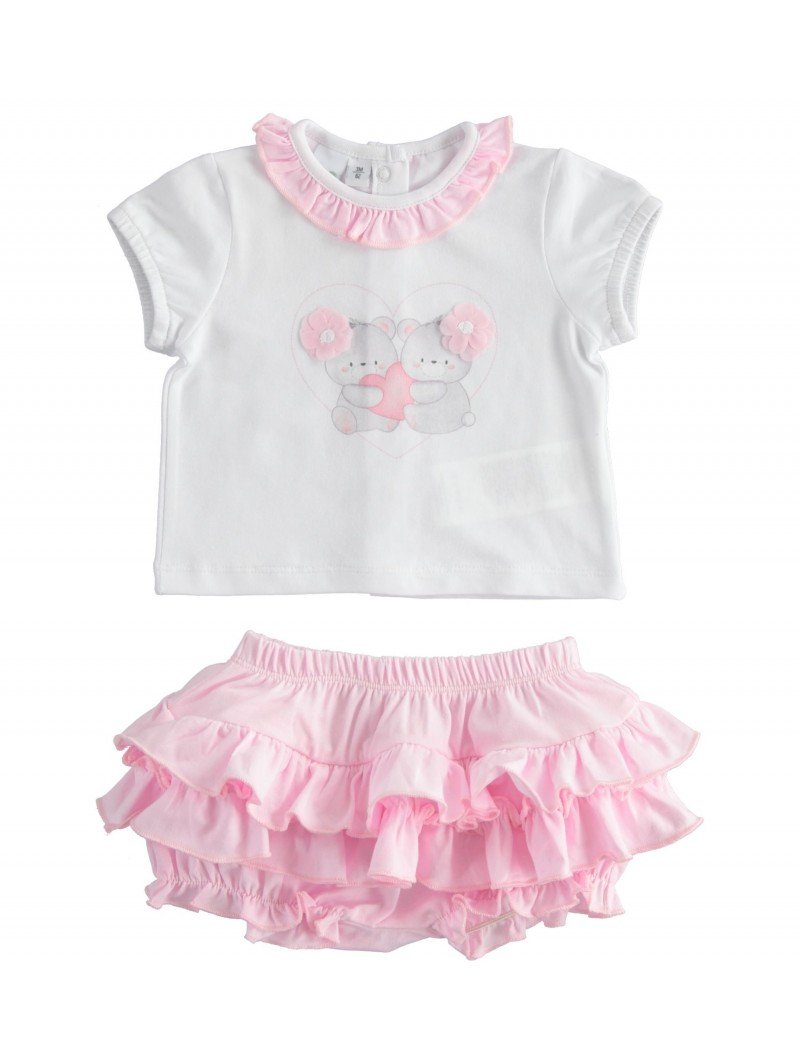 Completo t-shirt manica corta e short iDo in cotone stretch variante colore unico per neonata da 3 a 6 mesi