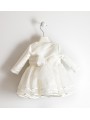 Elegante completo abito e giacchino iDO in tessuto effetto seta variante colore unico per bambina da 9 a 18 mesi