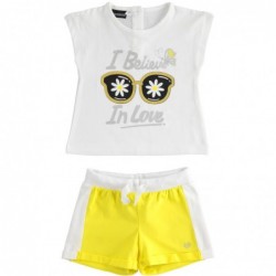Completo t-shirt e shorts Sarabanda in jersey di cotone stretch in due varianti colore per bambina da 9 mesi a 7 anni