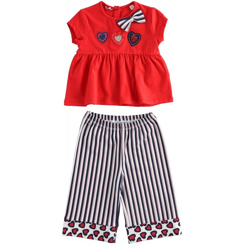 Completo Sarabanda t-shirt e pantalone crop in jersey stretch variante colore unico per bambina da 3 a 7 anni