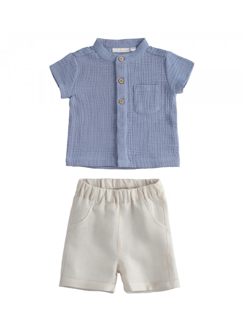 Completo Minibanda camicia in mussola di cotone e pantaloncino in lino  variante colore unico per neonato da 3 a 6 mesi